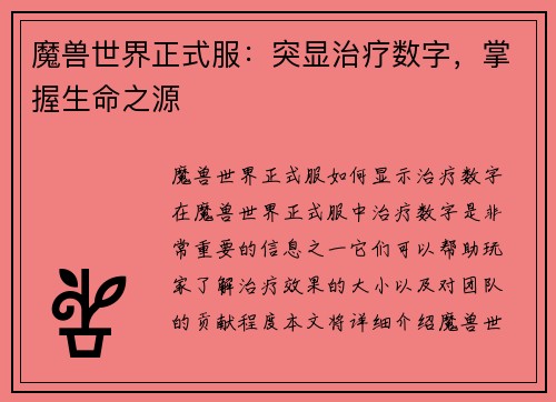 魔兽世界正式服：突显治疗数字，掌握生命之源